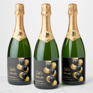 Elegant Black Gold Balloon Chic  Birthday Sparkling Wine Label