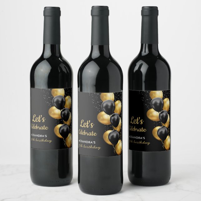 Elegant Black Gold Balloon Chic Birthday Wine Label (Bottles)