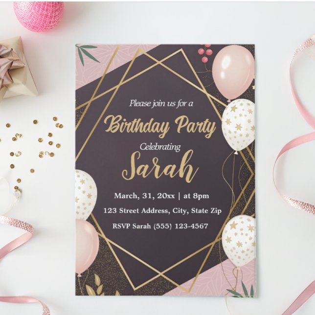 elegant black gold balloon pink birthday  invitation (Creator Uploaded)