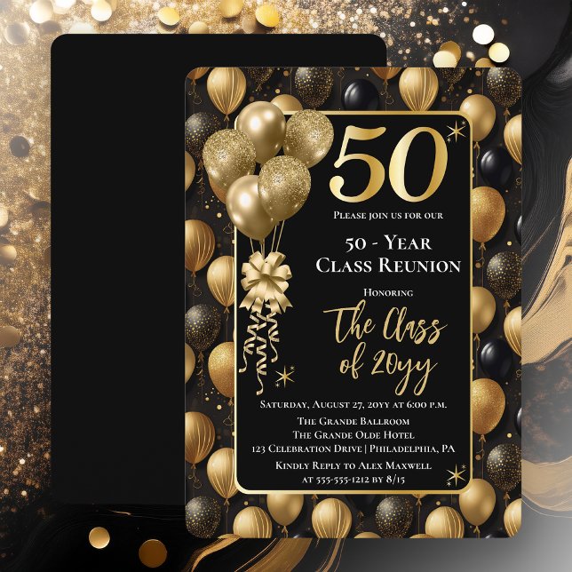 Elegant Black Gold Balloons 50 Year Class Reunion Invitation (Elegant 50 Year Black and Gold Tone Faux Glitter Balloons Class Reunion Invitations)