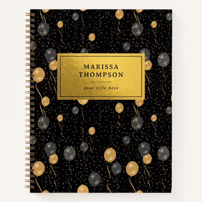 Elegant Black & Gold Balloons Keepsake Notebook (Front)