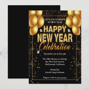 Elegant Black & Gold Balloons New Years Eve Party Invitation