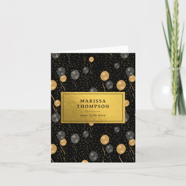Elegant Black & Gold Balloons Party Card (Front)