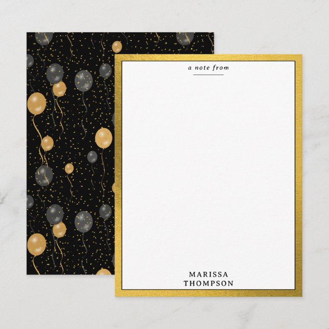 Elegant Black & Gold Balloons Party Card (Front/Back)