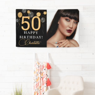 Elegant Black & Gold Balloons Photo Birthday Party Banner