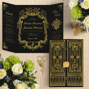 Elegant Black Gold Baroque Gate Fairytale Wedding Tri-Fold Invitation