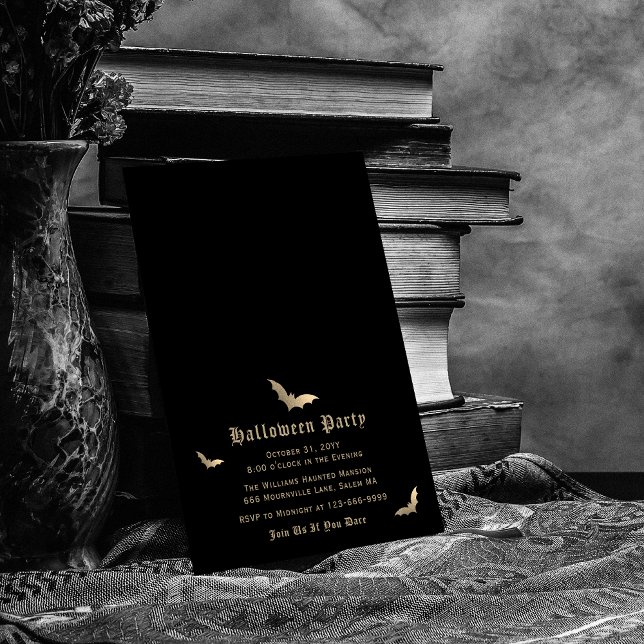 Elegant Black Gold Bat Halloween Party Invitation (Creator Uploaded)