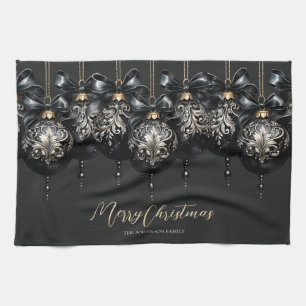 Elegant black gold baubles luxury Christmas Kitchen Towel