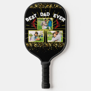 Elegant Black & Gold Best Dad Ever Family Photo  Pickleball Paddle