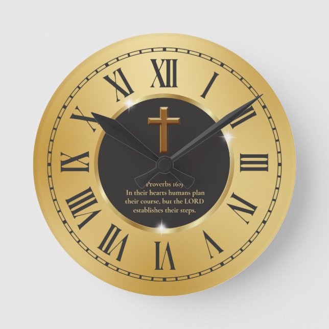 Elegant Black Gold Bible Verse Church  Round Clock (Front)