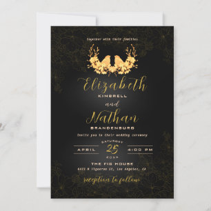 Elegant Black & Gold Birds Floral Wedding   Invitation