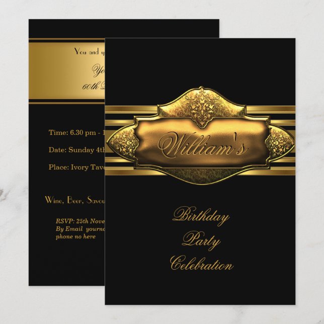 Elegant Black Gold Birthday Party Mens 60th Invitation (Front/Back)
