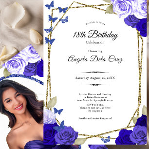 Elegant Black Gold Blue Roses 18th Birthday Debut  Invitation