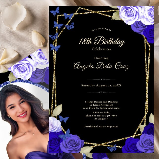 Elegant Black Gold Blue Roses 18th Birthday Debut  Invitation (Creator Uploaded)