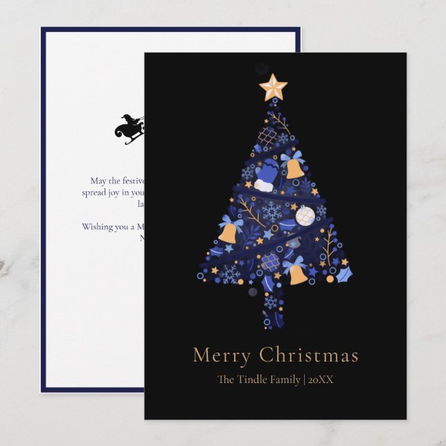 Elegant Black Gold Blue Script Christmas Tree Holiday Card (Front/Back)