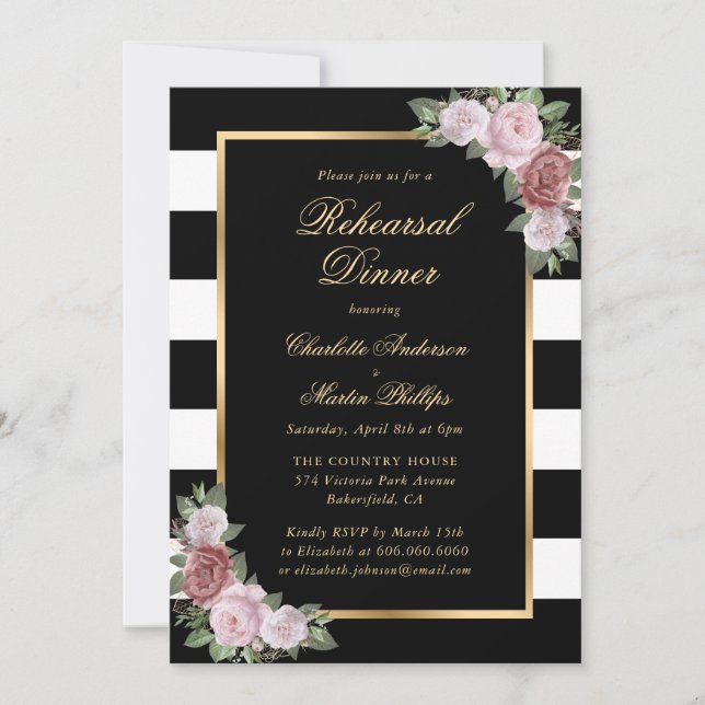 Elegant Black Gold Blush Floral Rehearsal Dinner Invitation (Front)