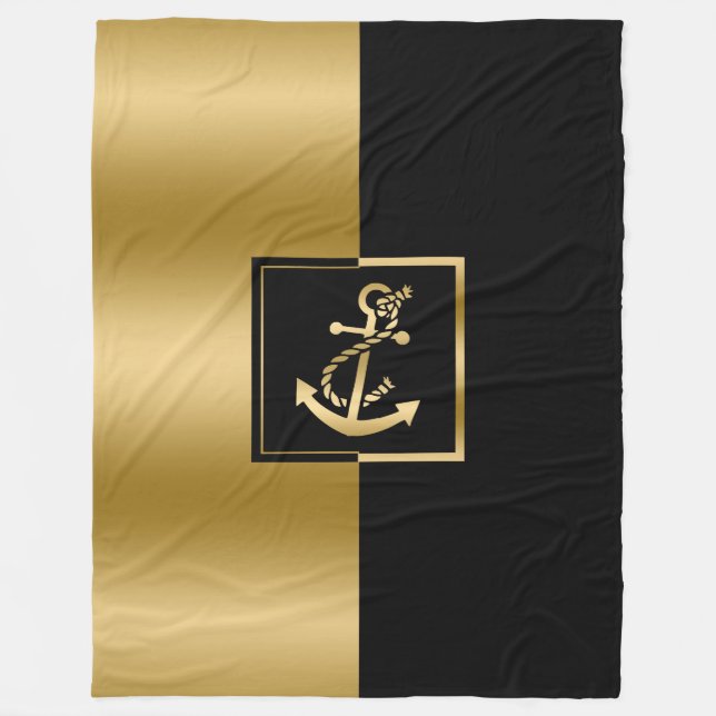 Elegant Black & Gold Boat Anchor Modern Design Fleece Blanket (Front)
