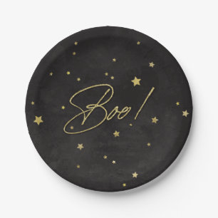 Elegant Black/Gold Boo! Halloween Party Paper Plate