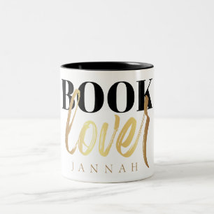 Elegant Black Gold Book Lover Name Two-Tone Coffee Mug