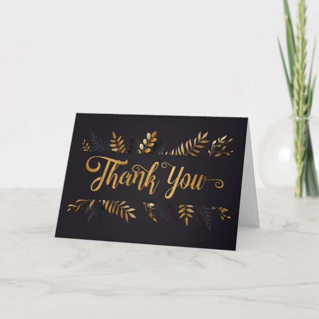 Elegant Black Gold Botanical Blank Thank You Card (Front)