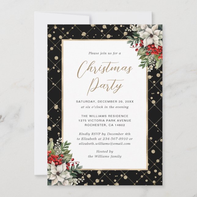 Elegant Black Gold Botanical Christmas Party Invitation (Front)