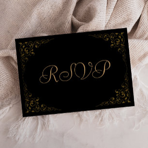 Elégant Black Gold Botanical Frame Wedding RSVP