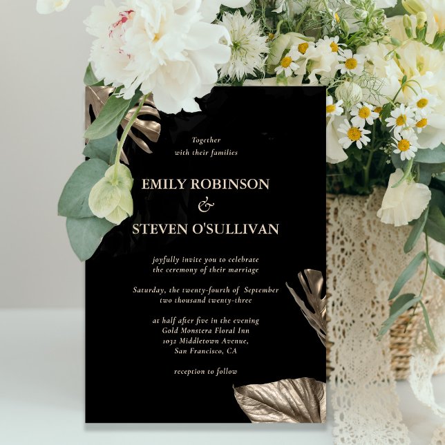 Elegant Black Gold Botanical Monstera Wedding  Invitation (Creator Uploaded)