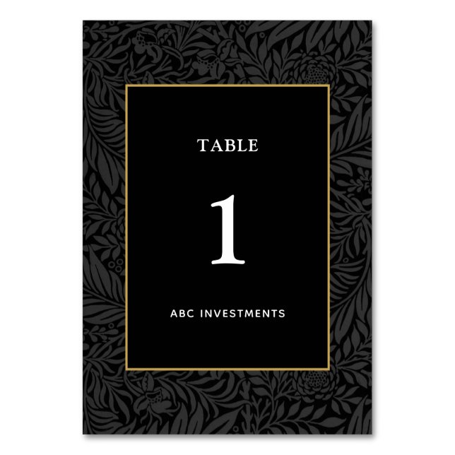 Elegant Black Gold Botanical Table Number (Front)