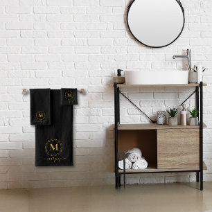 Elegant Black Gold Botanical Wreath Monogram Bath Towel Set