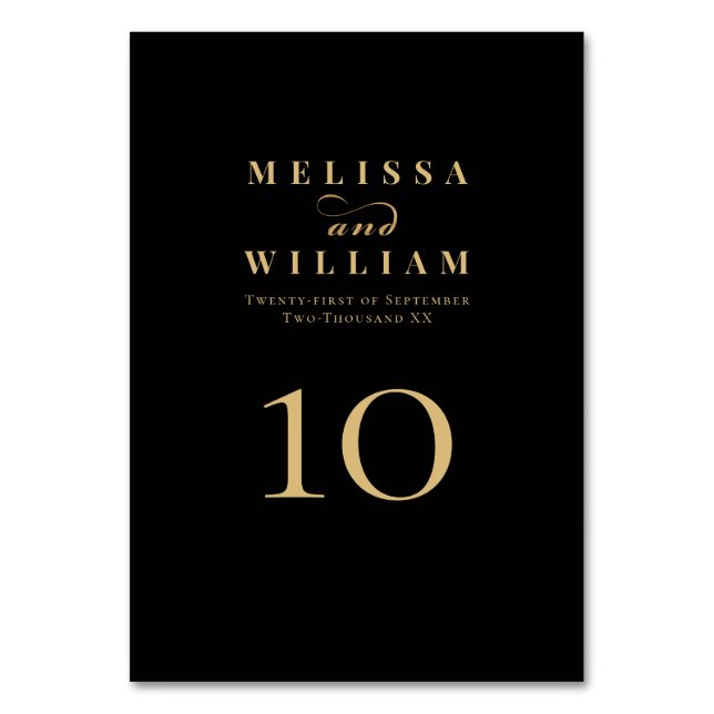 Elegant Black Gold Bride & Groom Wedding Table Number (Front)
