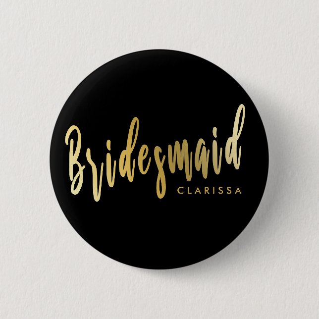 Elegant black & gold bridesmaid 2 inch round button (Front)