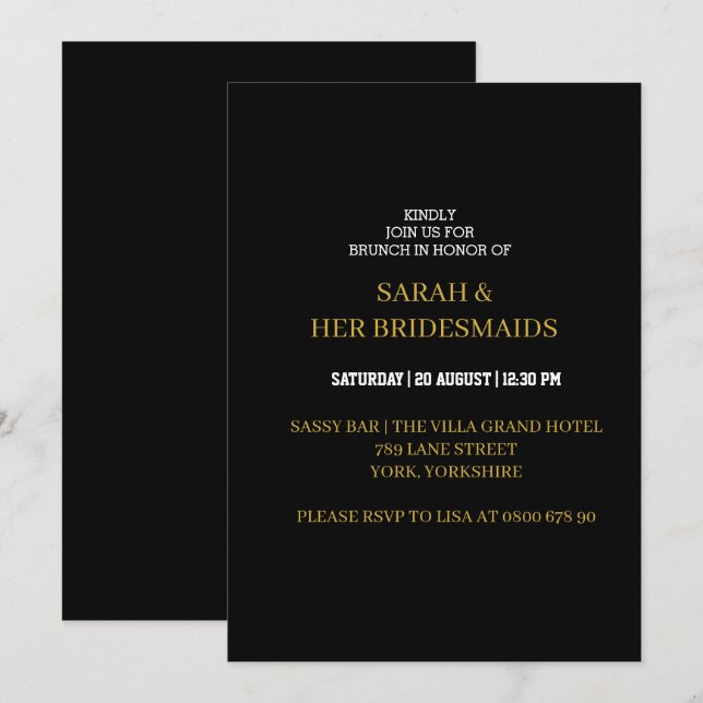 Elegant Black Gold Bridesmaids Luncheon Brunch  Invitation (Front/Back)