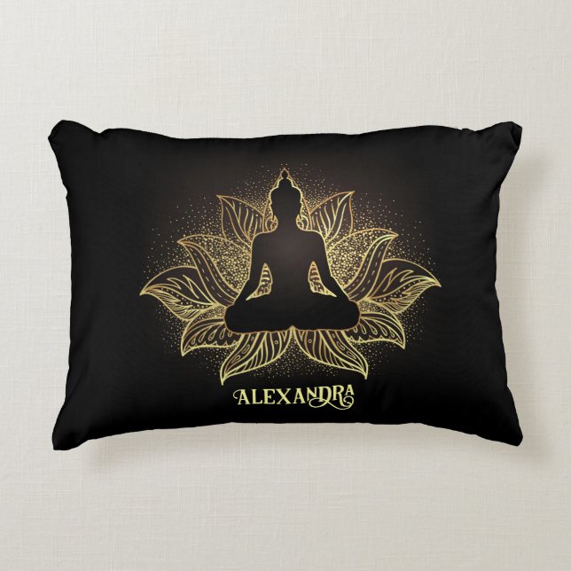 Elegant Black Gold Buddha Lotus Flower Meditation Accent Pillow (Front)