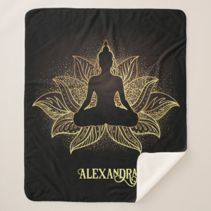 Elegant Black Gold Buddha Lotus Flower Meditation Sherpa Blanket