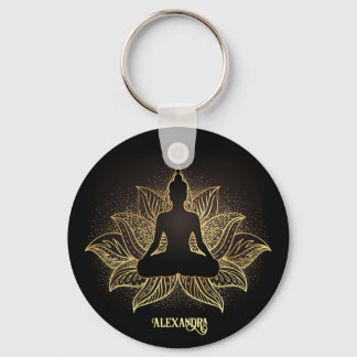 Elegant Black Gold Buddha Meditation Lotus Flower Keychain