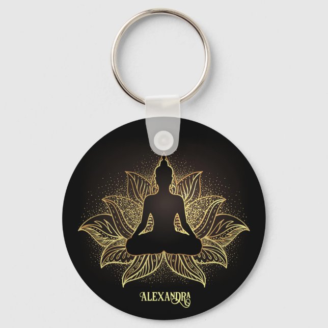 Elegant Black Gold Buddha Meditation Lotus Flower Keychain (Front)