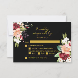 Elegant Black Gold Burgundy Blush Floral RSVP Car Card