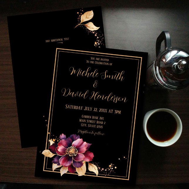 Elegant black gold burgundy double sided Wedding Invitation (Creator Uploaded)