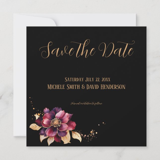 Elegant black gold burgundy sided Save the Date Invitation (Front)