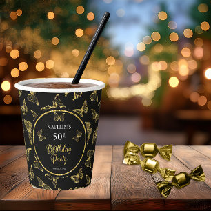 Elegant Black Gold Butterflies 50th Birthday Party Paper Cups