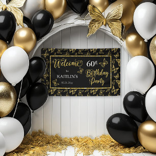 Elegant Black Gold Butterflies 60th Birthday Party Banner