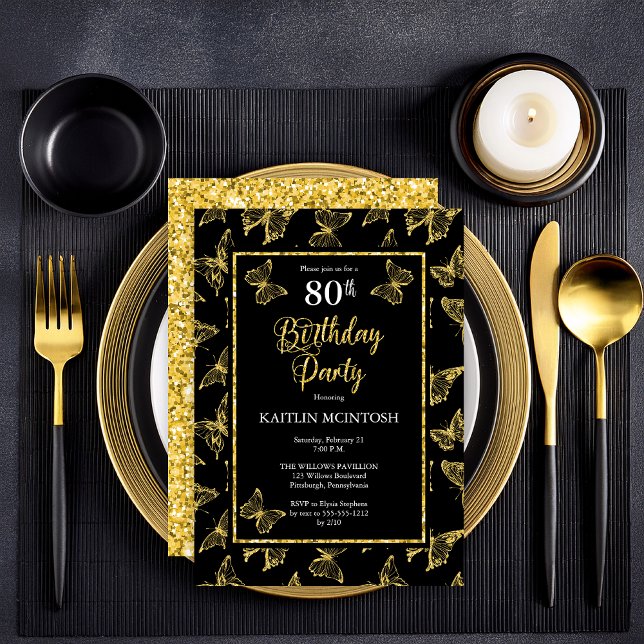 Elegant Black Gold Butterflies 80th Birthday Party Invitation (Elegant Black and Faux Gold Glitter Butterflies 80th Birthday Party Invitation - Print | Digital)