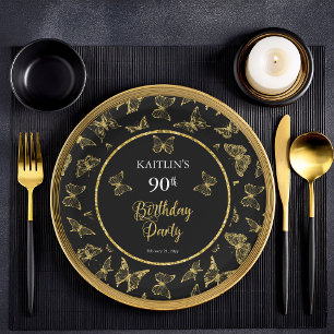 Elegant Black Gold Butterflies 90th Birthday Party Paper Plate