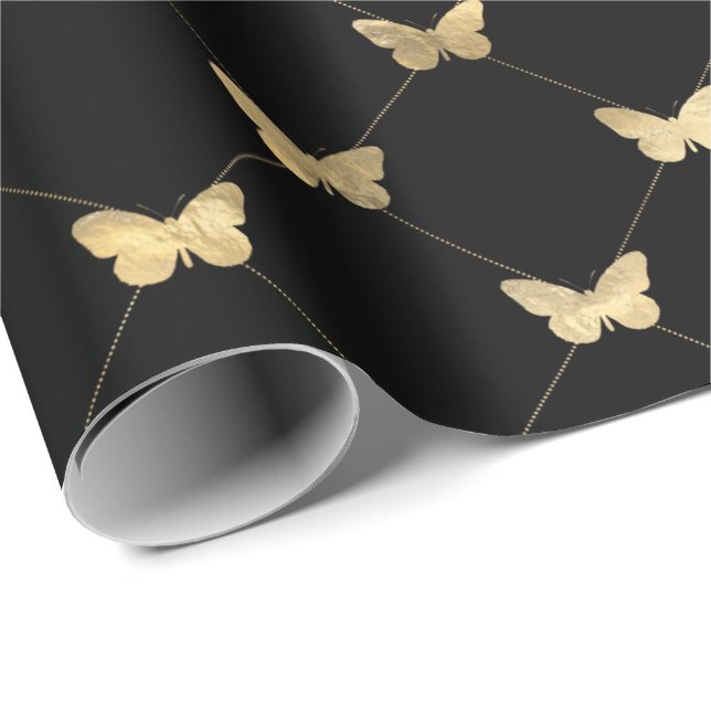 Elegant Black Gold Butterfly Pattern Wrapping Paper (Roll Corner)