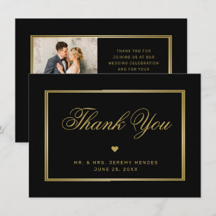Elegant Black Gold Calligraphy Heart Photo Wedding Thank You Card