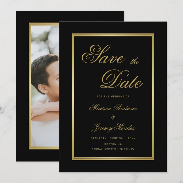 Elegant Black Gold Calligraphy Photo Save the Date Invitation (Front/Back)