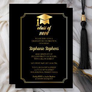Elegant Black Gold Cap College Graduation Party Invitation