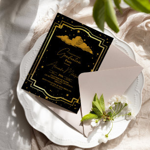 Elegant Black Gold Celestial Graduation Invitation
