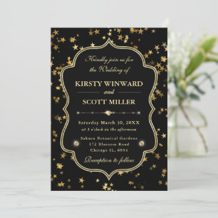 Elegant Black & Gold Celestial Starry Wedding Invitation