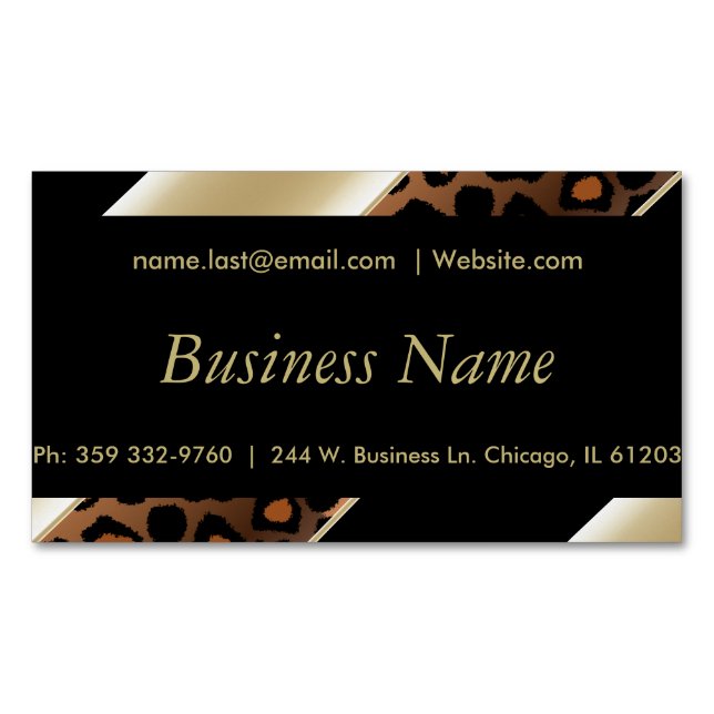 Elegant Black, Gold & Champagne Leopard Magnetic Business Card (Front)